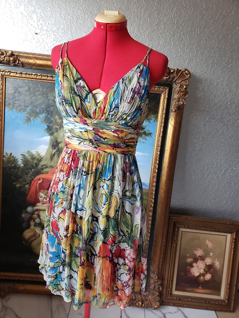 OC by Oleg Cassini Multicolor Floral V-Neck Spaghetti Strap Mini Dress
